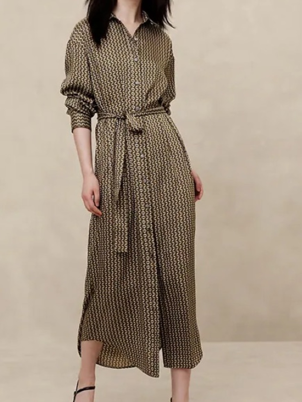 Banana Republic Tie-Waist Maxi Shirt Dress Kaleidoscope Warm XL Quiet Luxury